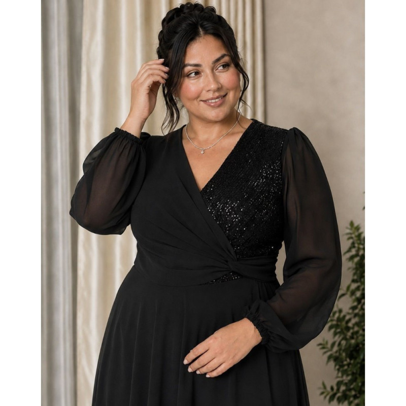 Rochie Ocazie, Sabina, culoare negru, Bust Paietat și Fustă din Voal Vaporos