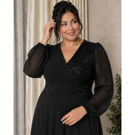 Rochie Ocazie, Sabina, culoare negru, Bust Paietat și Fustă din Voal Vaporos
