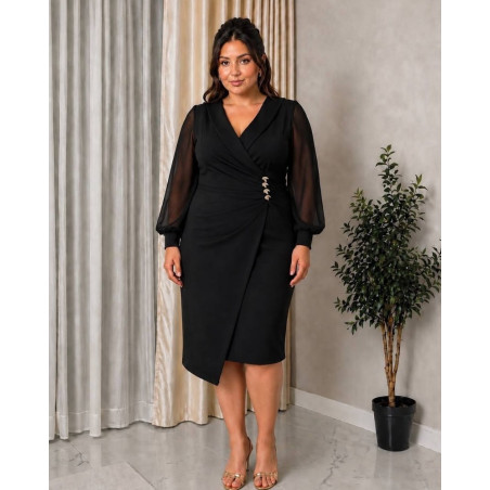Rochie Cosmina, eleganta, conica, de ocazie, cu croi petrecut, nasturi aurii și mâneci din voal