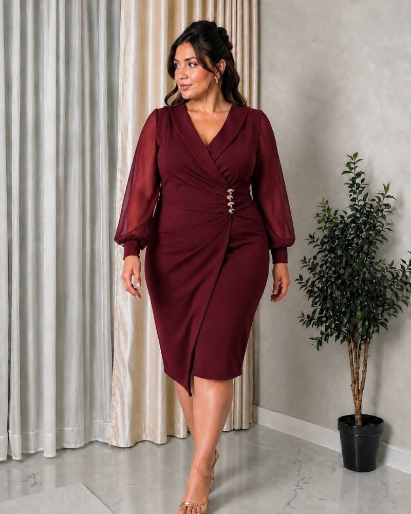 Rochie Cosmina, eleganta, conica, de ocazie, cu croi petrecut, nasturi aurii și mâneci din voal, culoare bordo