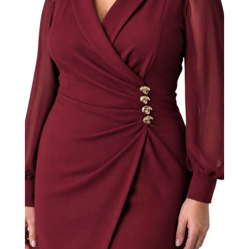 Rochie Cosmina, eleganta, conica, de ocazie, cu croi petrecut, nasturi aurii și mâneci din voal, culoare bordo