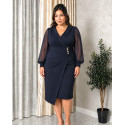 Rochie Cosmina, eleganta, conica, de ocazie, cu croi petrecut, nasturi aurii și mâneci din voal, culoare bleumarin