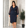 Rochie Cosmina, eleganta, conica, de ocazie, cu croi petrecut, nasturi aurii și mâneci din voal, culoare bleumarin