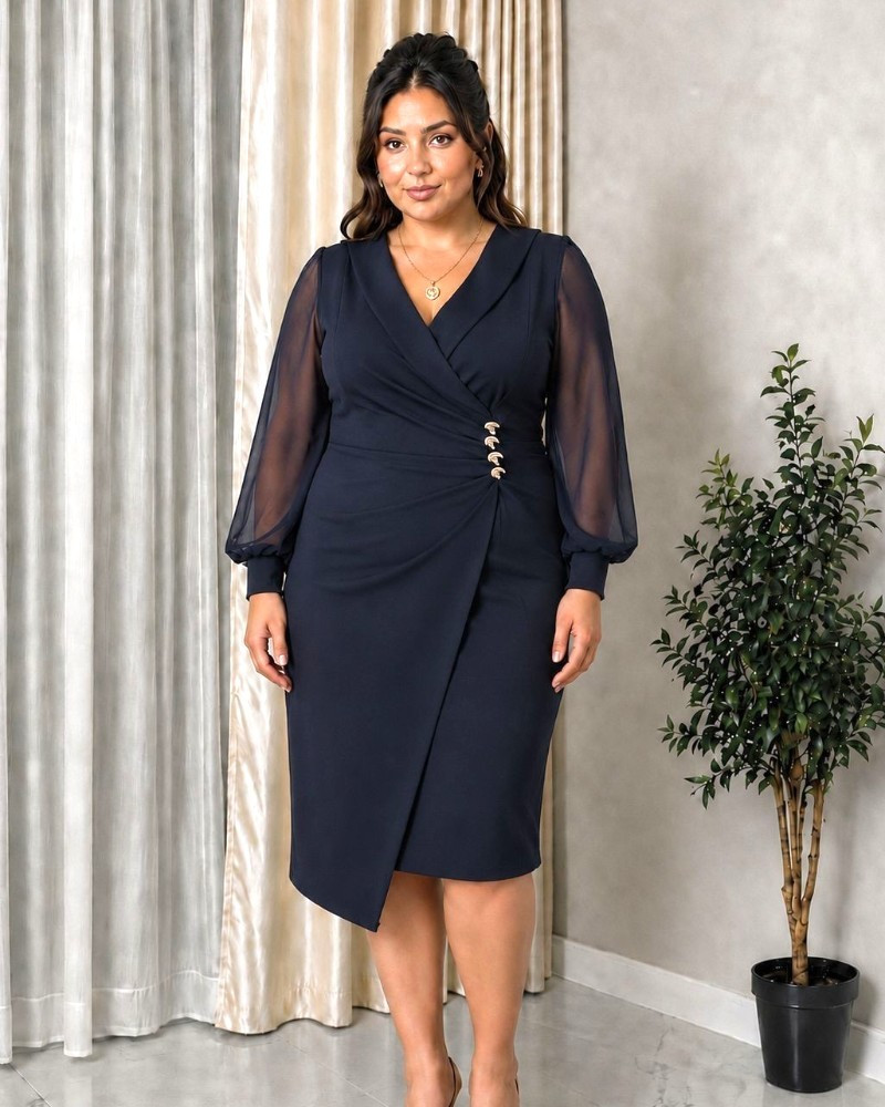 Rochie Cosmina, eleganta, conica, de ocazie, cu croi petrecut, nasturi aurii și mâneci din voal, culoare bleumarin