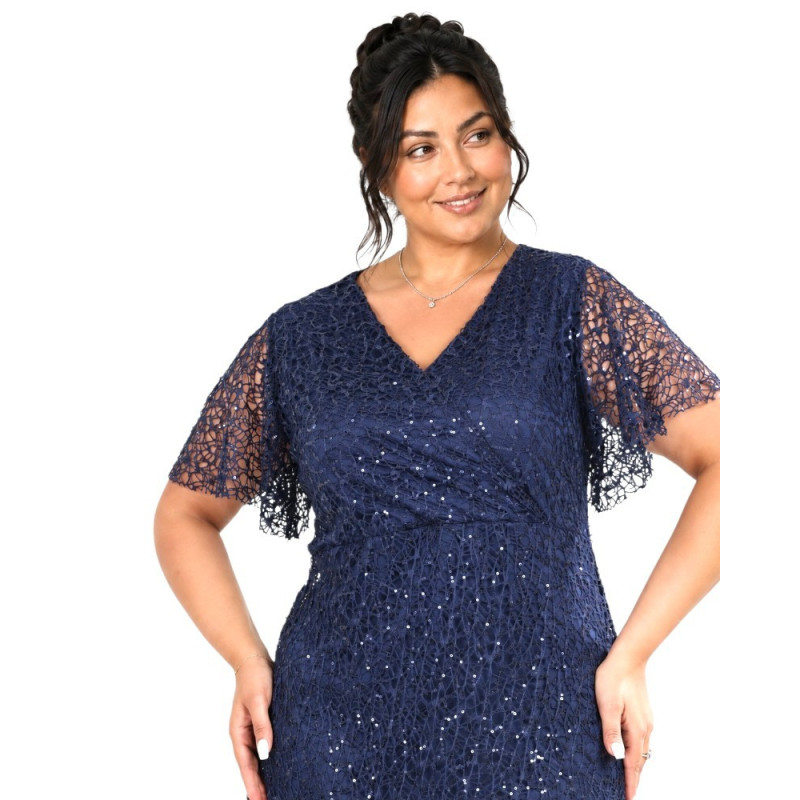 Rochie Elegantă, Roxana, Midi din Dantela Stralucitoare cu Sclipici și Decolteu Petrecut, culoare bleumarin