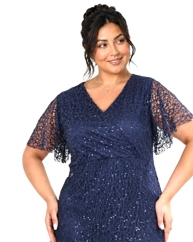 Rochie Elegantă, Roxana, Midi din Dantela Stralucitoare cu Sclipici și Decolteu Petrecut, culoare bleumarin