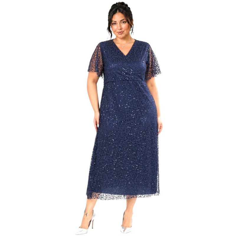 Rochie Elegantă, Roxana, Midi din Dantela Stralucitoare cu Sclipici și Decolteu Petrecut, culoare bleumarin