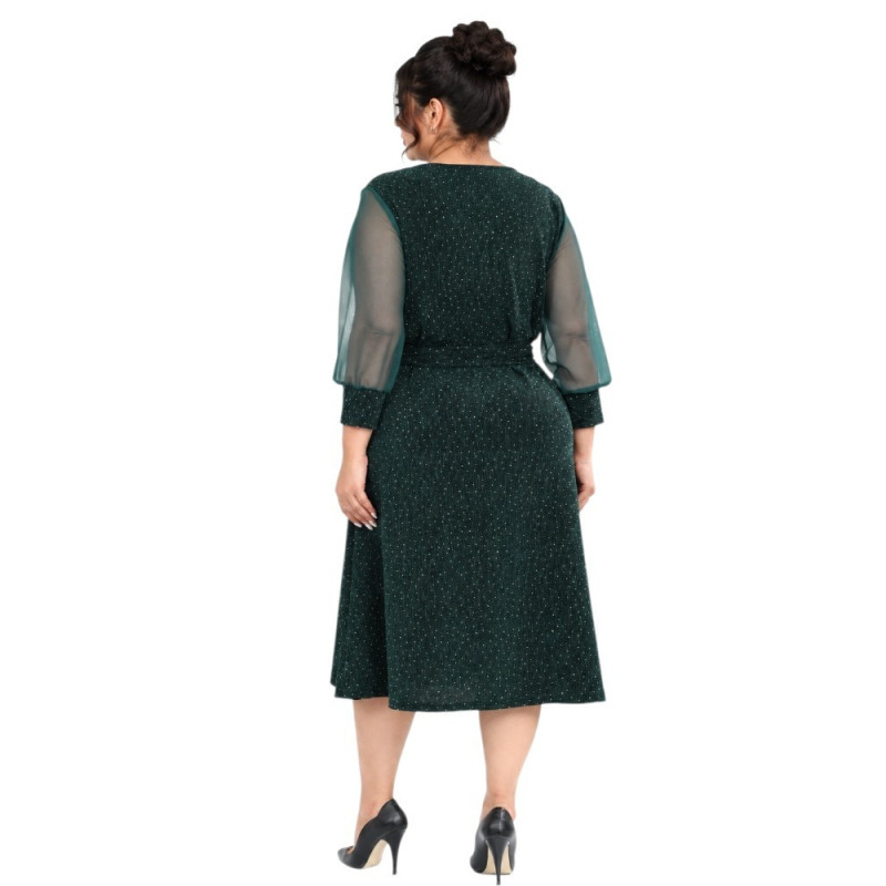 Anabela, Rochie elegantă de ocazie cloș cu decolteu petrecut, cordon în talie și fir sclipitor, culoare verde