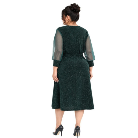 Anabela, Rochie elegantă de ocazie cloș cu decolteu petrecut, cordon în talie și fir sclipitor, culoare verde