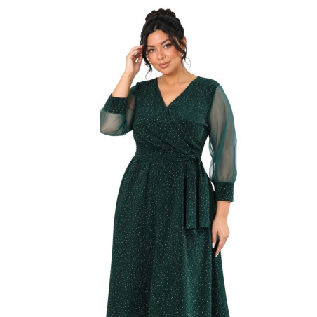 Anabela, Rochie elegantă de ocazie cloș cu decolteu petrecut, cordon în talie și fir sclipitor, culoare verde