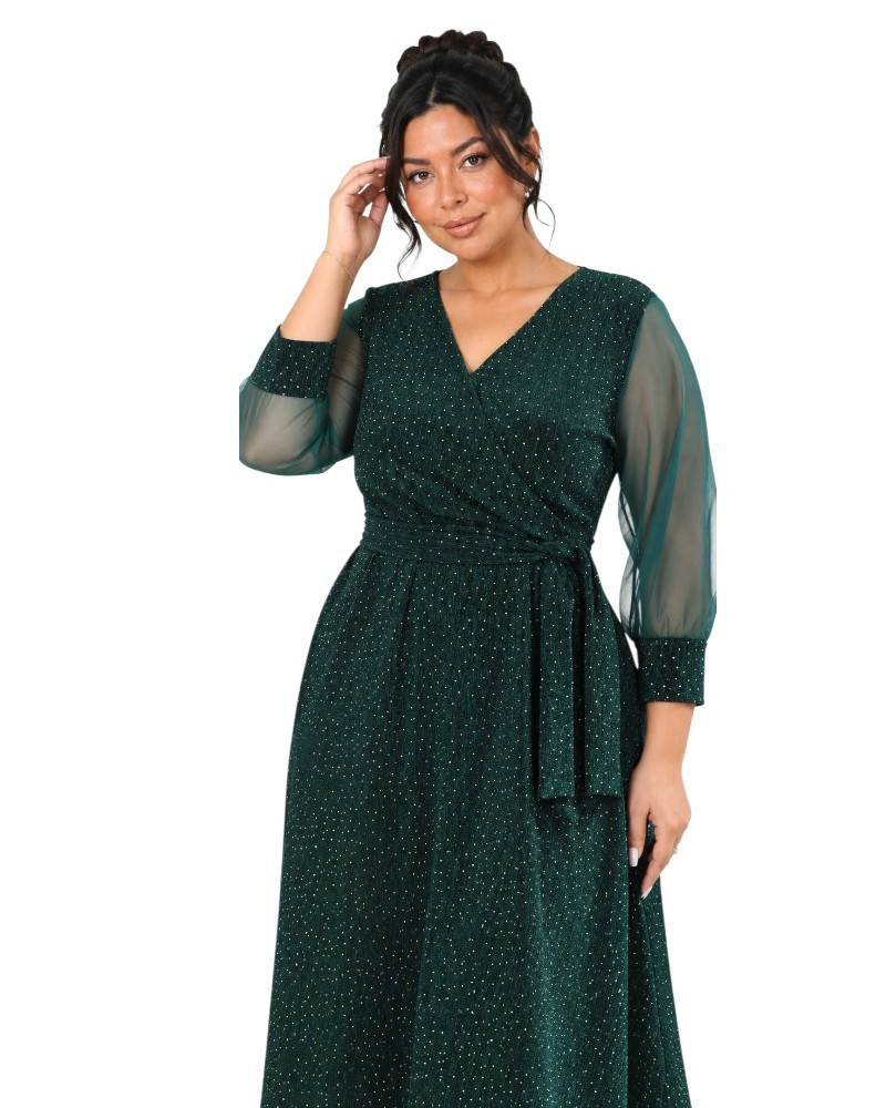 Anabela, Rochie elegantă de ocazie cloș cu decolteu petrecut, cordon în talie și fir sclipitor, culoare verde