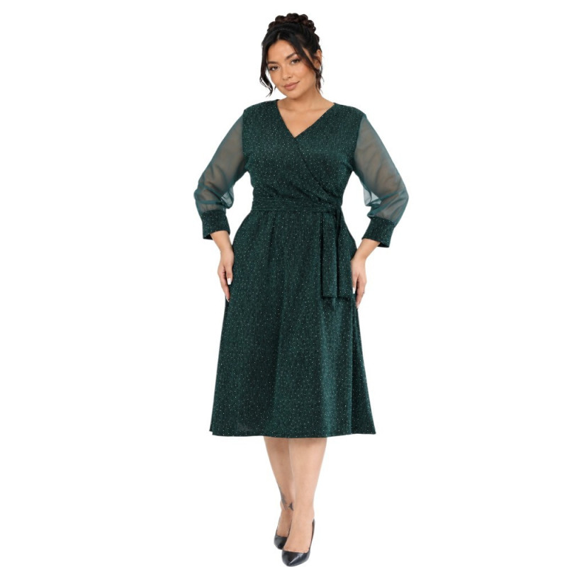 Anabela, Rochie elegantă de ocazie cloș cu decolteu petrecut, cordon în talie și fir sclipitor, culoare verde