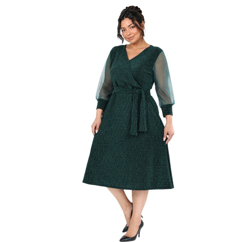 Anabela, Rochie elegantă de ocazie cloș cu decolteu petrecut, cordon în talie și fir sclipitor, culoare verde