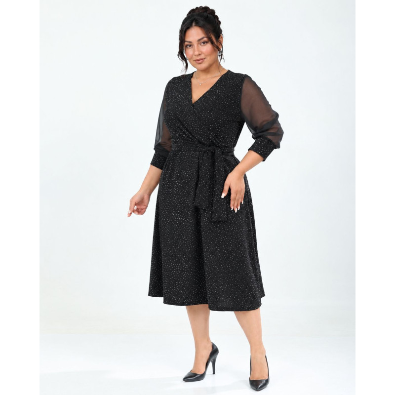 Anabela, Rochie elegantă de ocazie cloș cu decolteu petrecut, cordon în talie și fir sclipitor, culoare negru