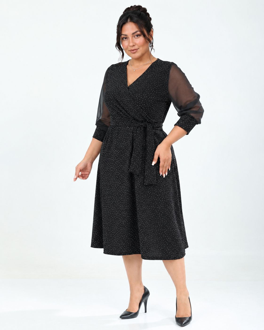 Anabela, Rochie elegantă de ocazie cloș cu decolteu petrecut, cordon în talie și fir sclipitor, culoare negru