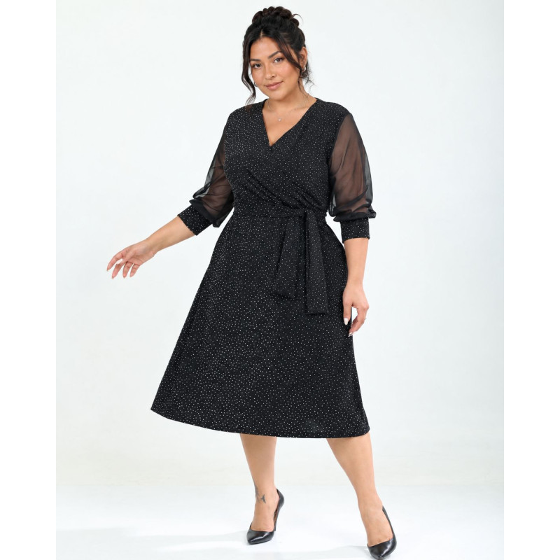 Anabela, Rochie elegantă de ocazie cloș cu decolteu petrecut, cordon în talie și fir sclipitor, culoare negru