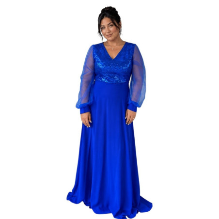 Rochie lunga de seara, Aria, culoare albastru regal cu paiete și maneci din tulle