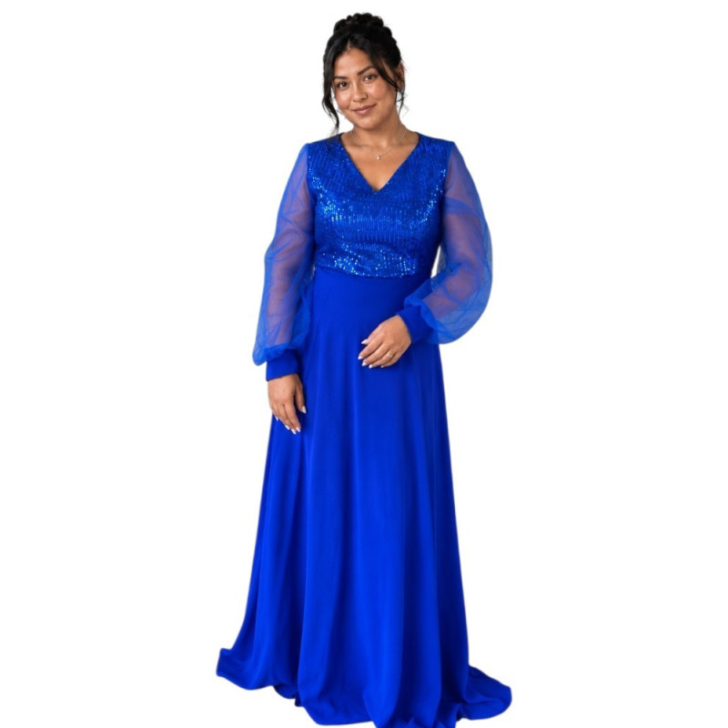 Rochie lunga de seara, Aria, culoare albastru regal cu paiete și maneci din tulle