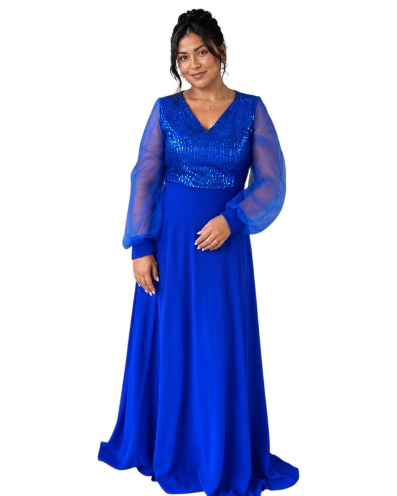 Rochie lunga de seara, Aria, culoare albastru regal cu paiete și maneci din tulle