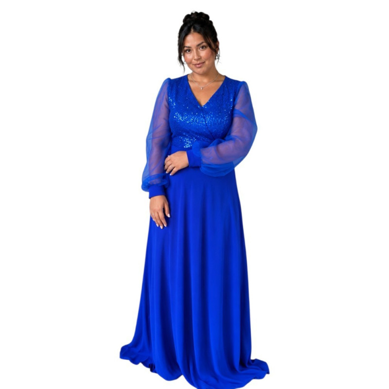 Rochie lunga de seara, Aria, culoare albastru regal cu paiete și maneci din tulle