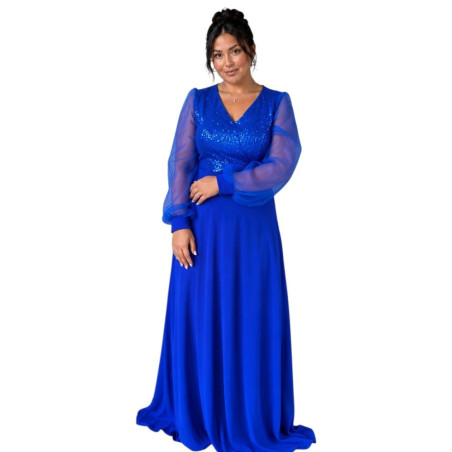 Rochie lunga de seara, Aria, culoare albastru regal cu paiete și maneci din tulle