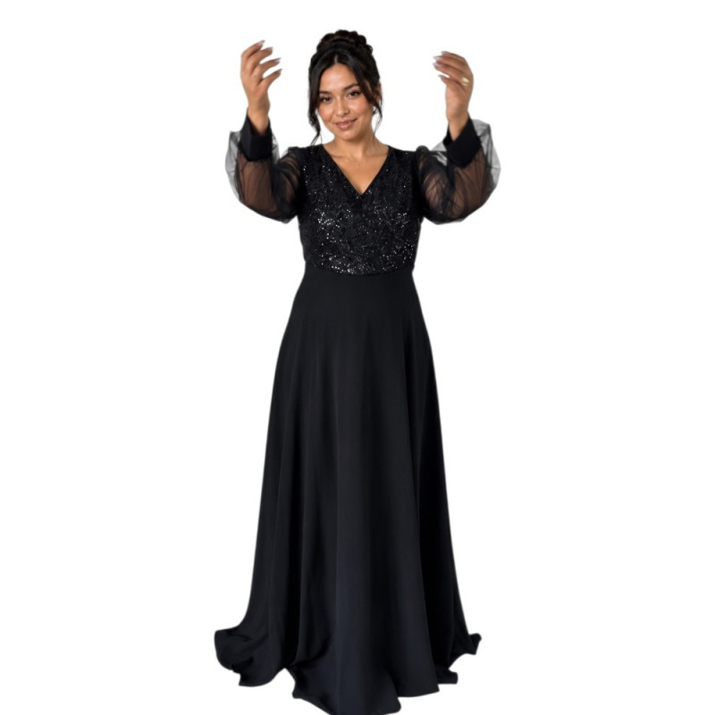 Rochie lunga de seara, Aria, culoare negru cu paiete și maneci din tulle