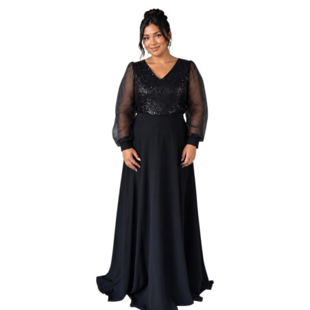 Rochie lunga de seara, Aria, culoare negru cu paiete și maneci din tulle