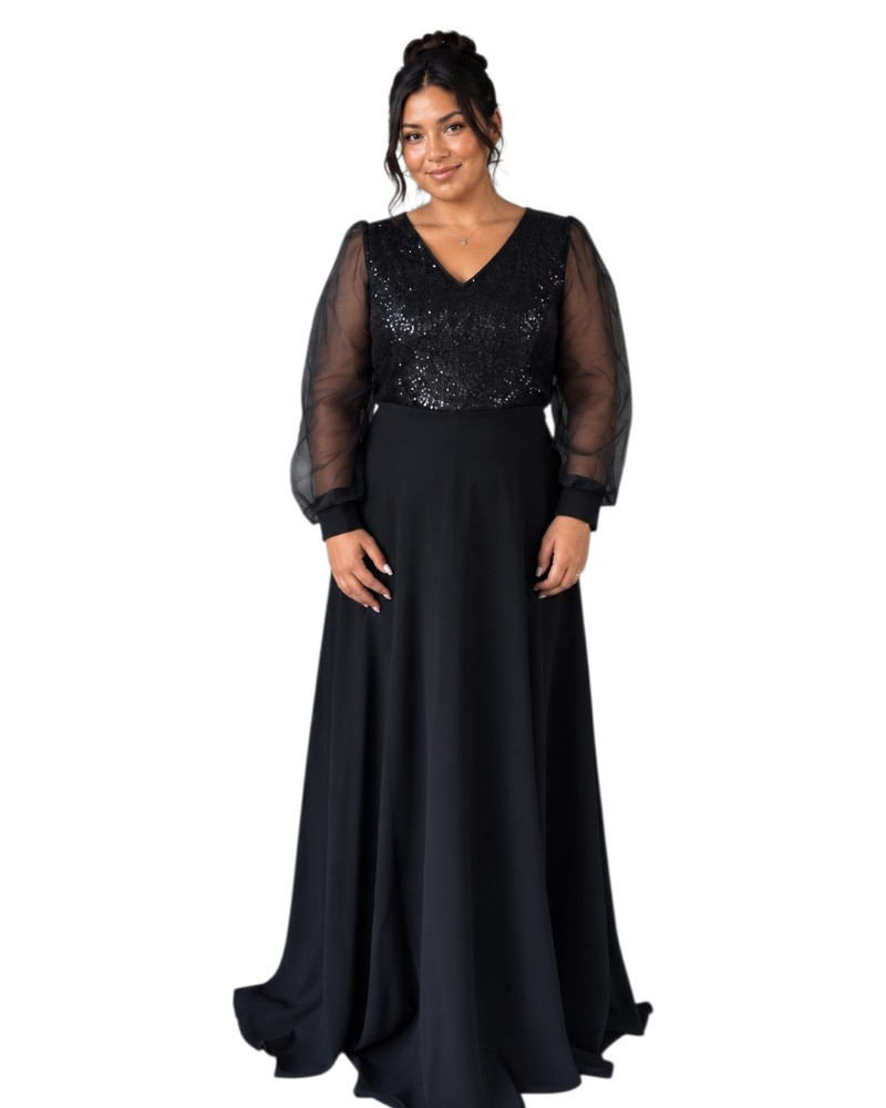 Rochie lunga de seara, Aria, culoare negru cu paiete și maneci din tulle