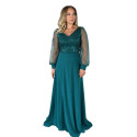 Rochie lunga de seara, Aria, culoare verde smarald cu paiete și maneci din tulle