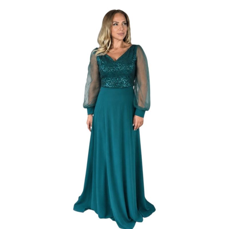 Rochie lunga de seara, Aria, culoare verde smarald cu paiete și maneci din tulle