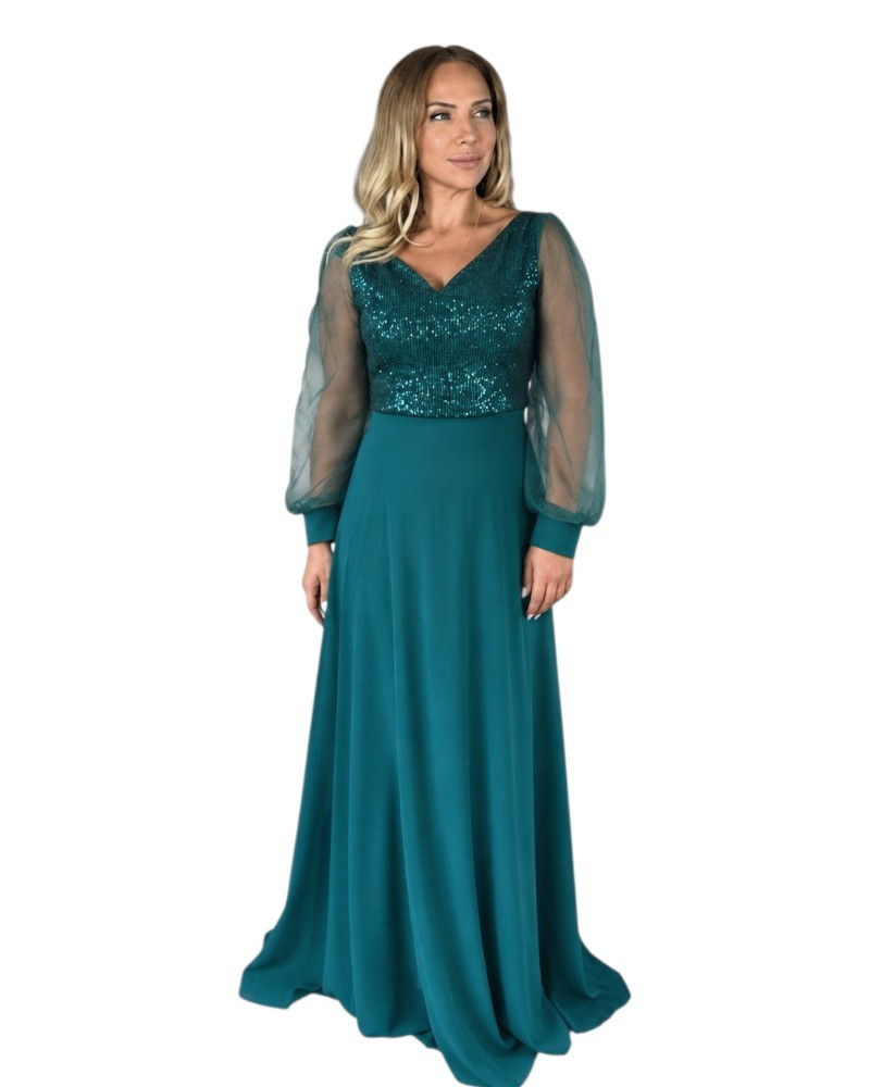 Rochie lunga de seara, Aria, culoare verde smarald cu paiete și maneci din tulle