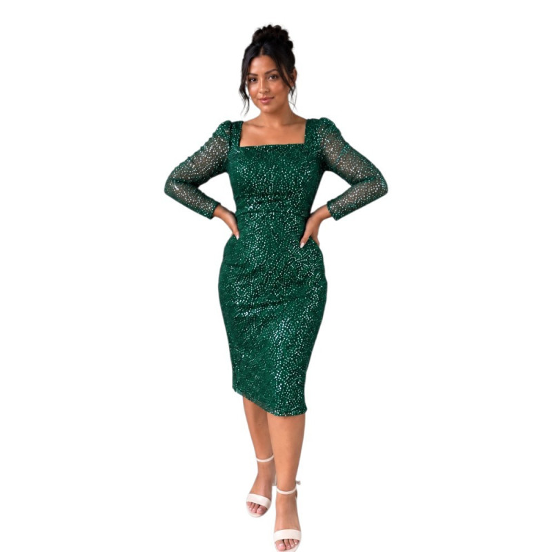 Rochie conică de seară, Cezara, culoare verde, cu paiete