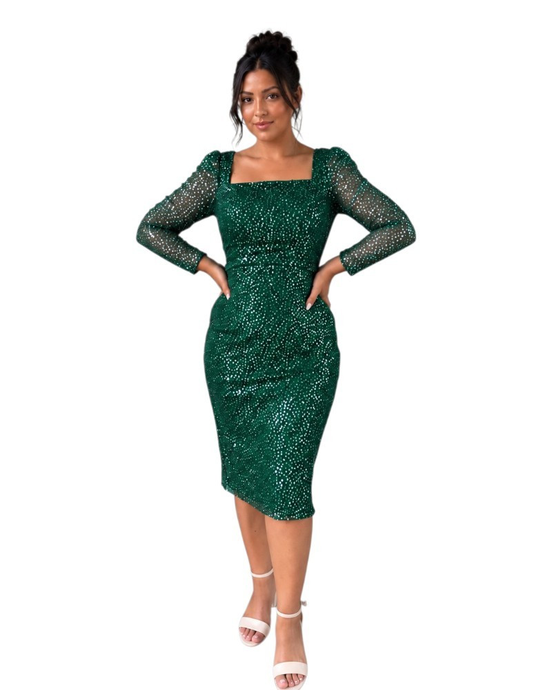 Rochie conică de seară, Cezara, culoare verde, cu paiete