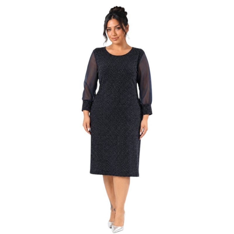 Loredana, Rochie eleganta dreapta midi cu maneci din voal, culoare bleumarim, marimi mari
