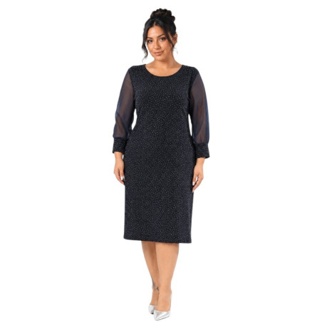 Loredana, Rochie eleganta dreapta midi cu maneci din voal, culoare bleumarim, marimi mari