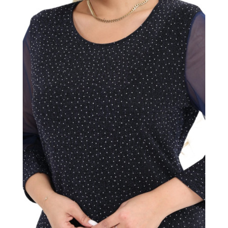 Loredana, Rochie eleganta dreapta midi cu maneci din voal, culoare bleumarim, marimi mari