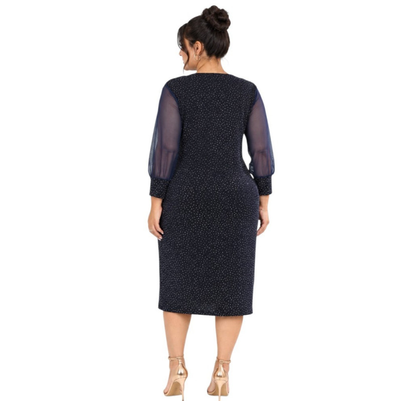 Loredana, Rochie eleganta dreapta midi cu maneci din voal, culoare bleumarim, marimi mari