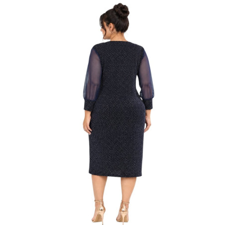 Loredana, Rochie eleganta dreapta midi cu maneci din voal, culoare bleumarim, marimi mari