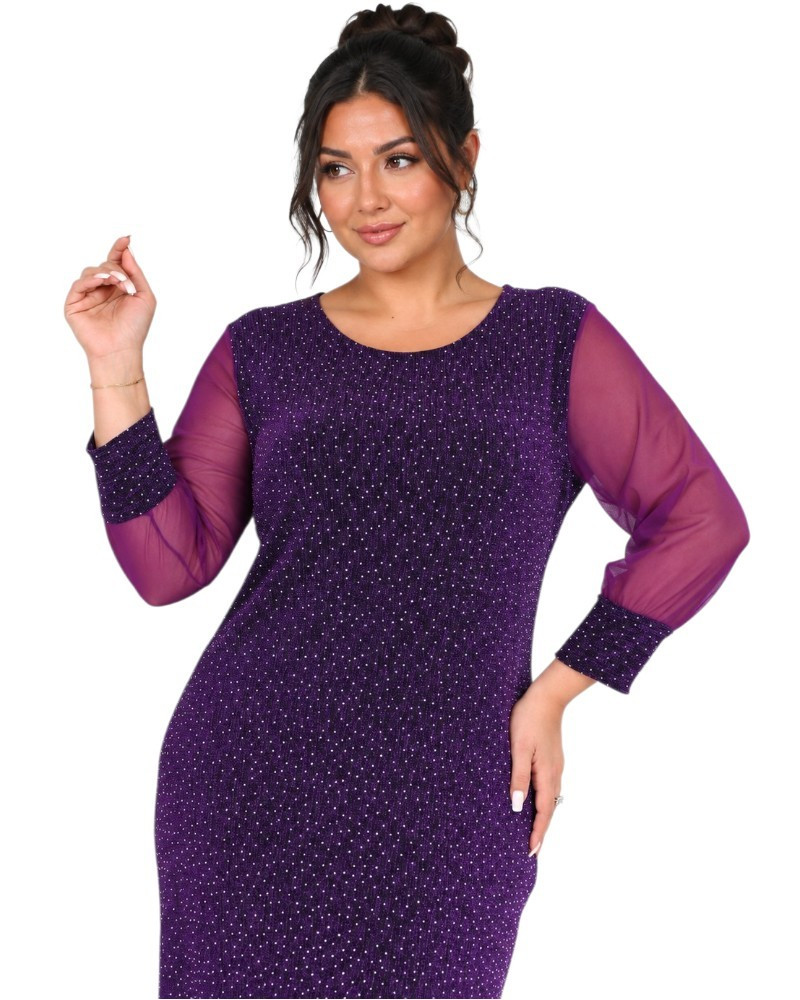 Loredana, Rochie eleganta dreapta midi cu maneci din voal, culoare mov, marimi mari