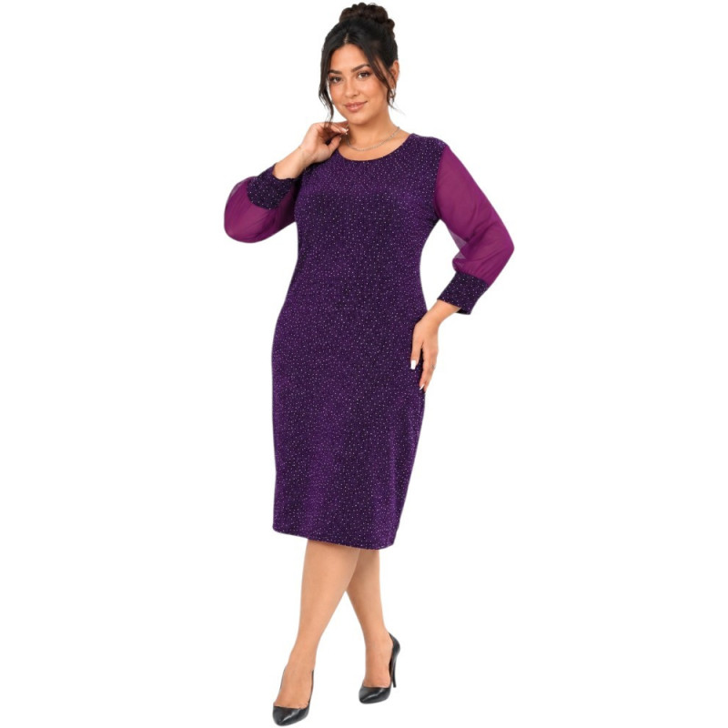 Loredana, Rochie eleganta dreapta midi cu maneci din voal, culoare mov, marimi mari