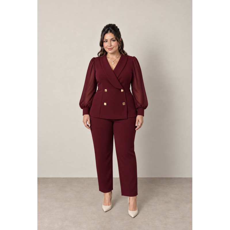 Compleu Office Julia – Sacou Petrecut cu Nasturi Aurii și Pantaloni Drepti, culoare bordo, maneca semitransparenta