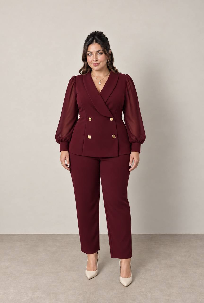 Compleu Office Julia – Sacou Petrecut cu Nasturi Aurii și Pantaloni Drepti, culoare bordo, maneca semitransparenta