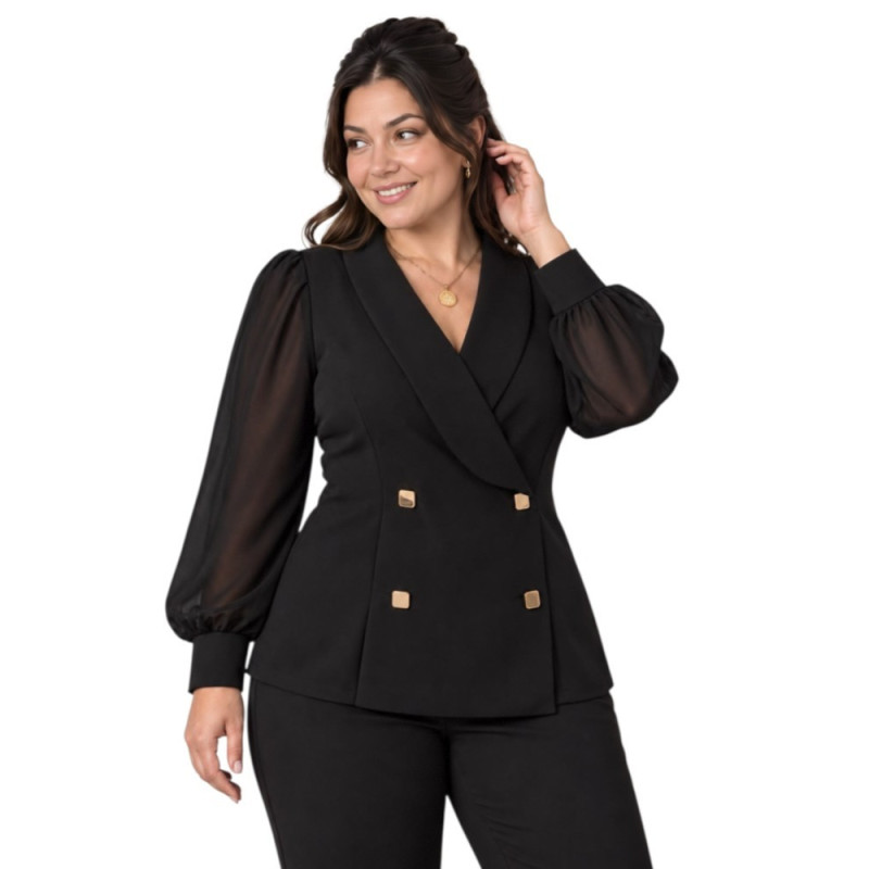 Compleu Office Julia – Sacou Petrecut cu Nasturi Aurii și Pantaloni Drepti, maneca semitransparenta