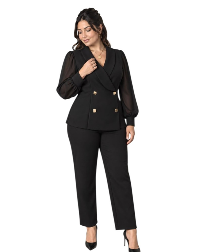 Compleu Office Julia – Sacou Petrecut cu Nasturi Aurii și Pantaloni Drepti, maneca semitransparenta