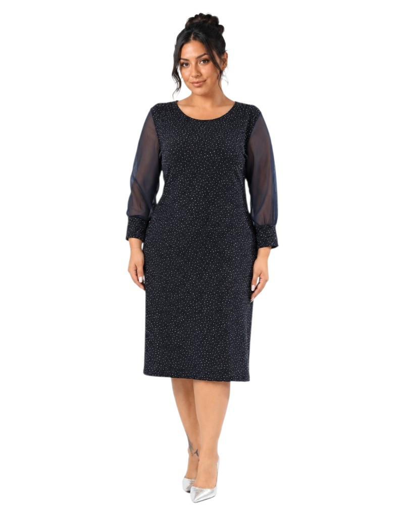 Loredana, Rochie eleganta dreapta midi cu maneci din voal, culoare negru, marimi mari