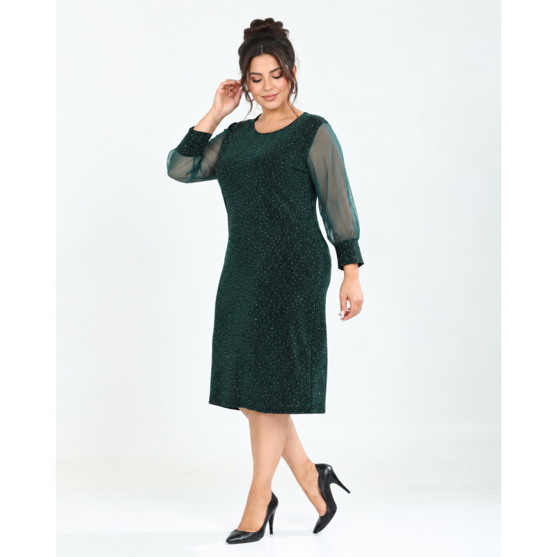 Loredana, Rochie eleganta dreapta midi cu maneci din voal, culoare verde, marimi mari