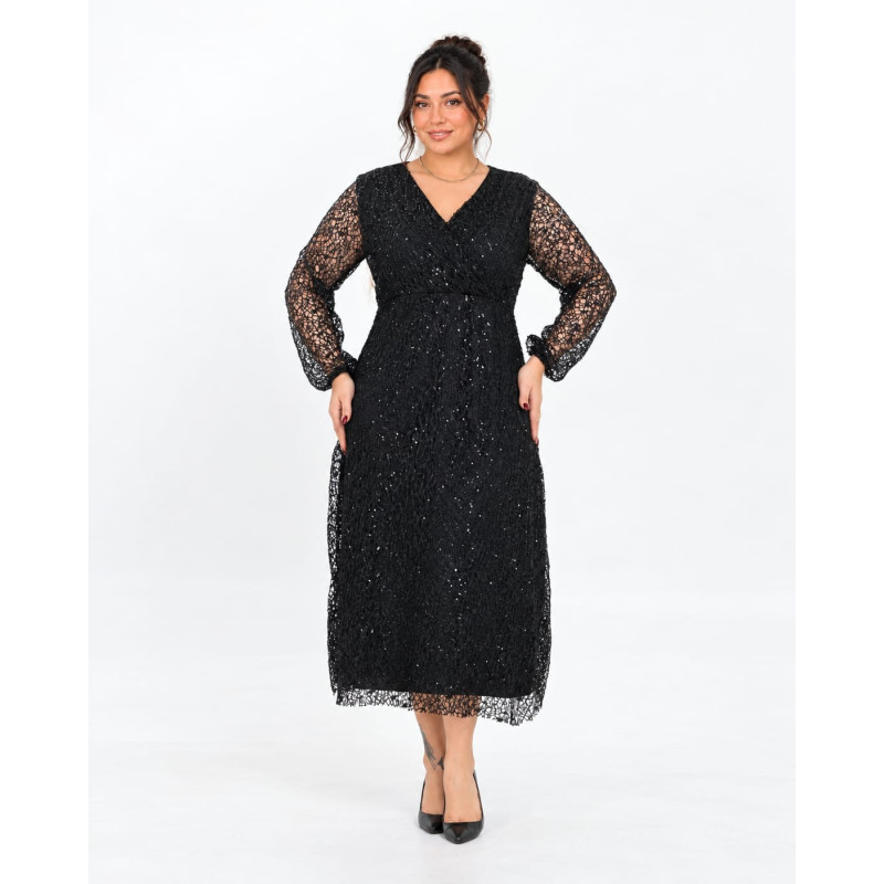 Larisa, Rochie de ocazie neagră midi din dantelă cu paiete și decolteu petrecut