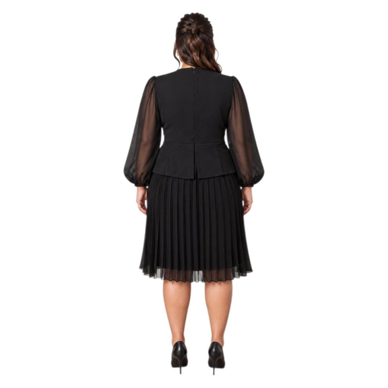 Maria, Rochie neagră elegantă midi cu fustă plisată, mâneci din voal și accesoriu auriu în talie