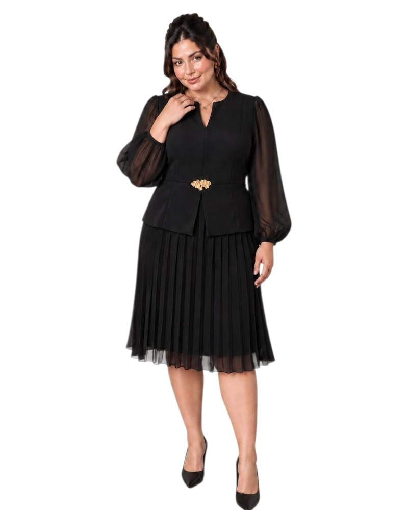 Maria, Rochie neagră elegantă midi cu fustă plisată, mâneci din voal și accesoriu auriu în talie