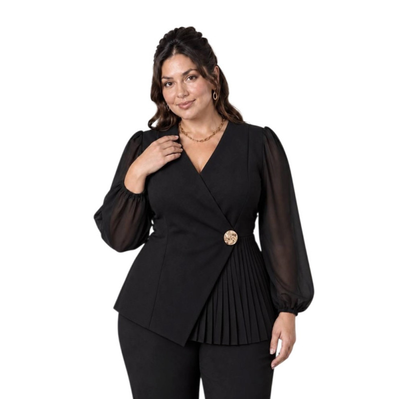 Kira, Compleu elegant de damă din 2 piese cu sacou asimetric, inserție plisată și nasture auriu